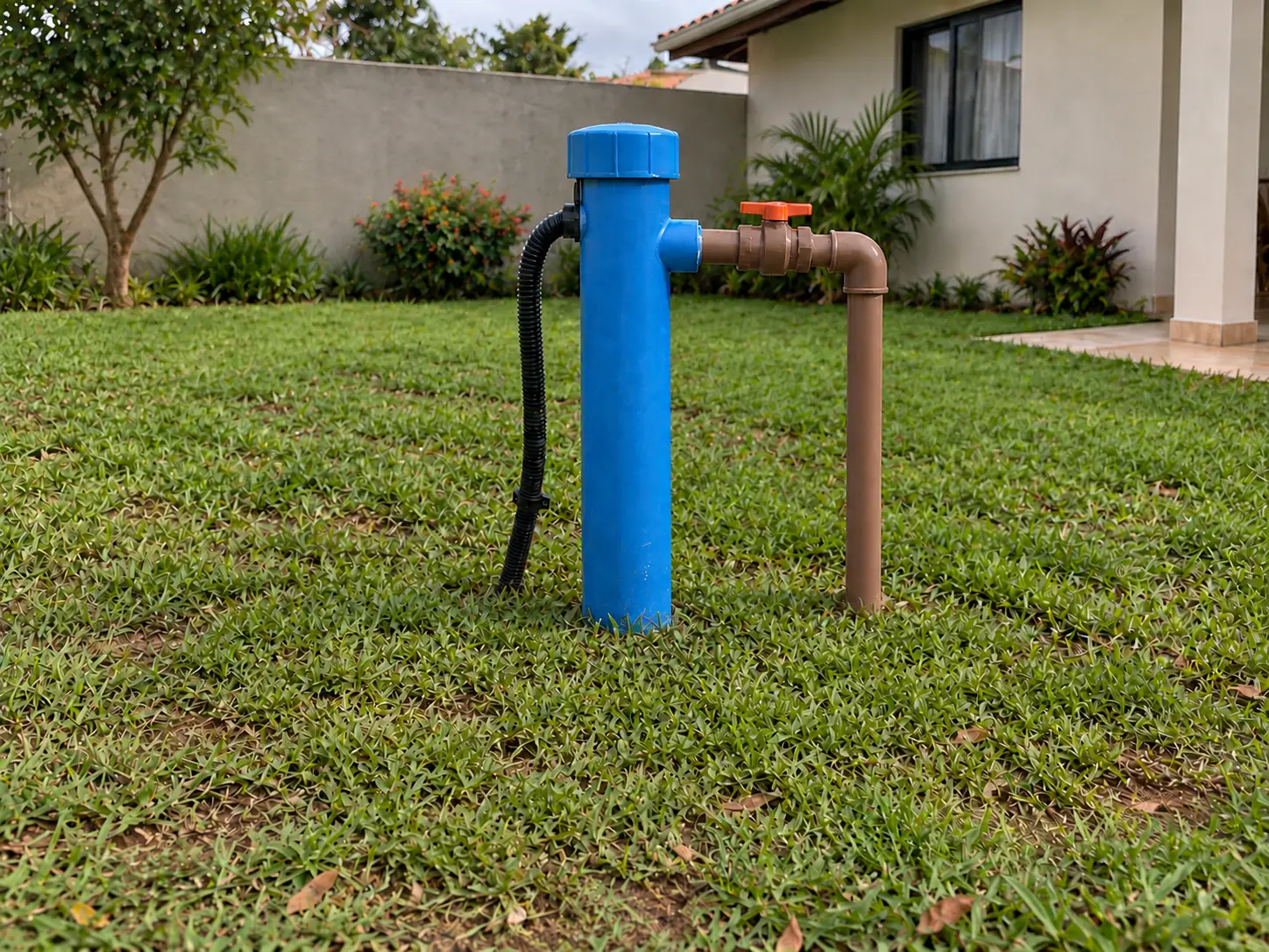 Poço semi artesiano com tubo azul em quintal