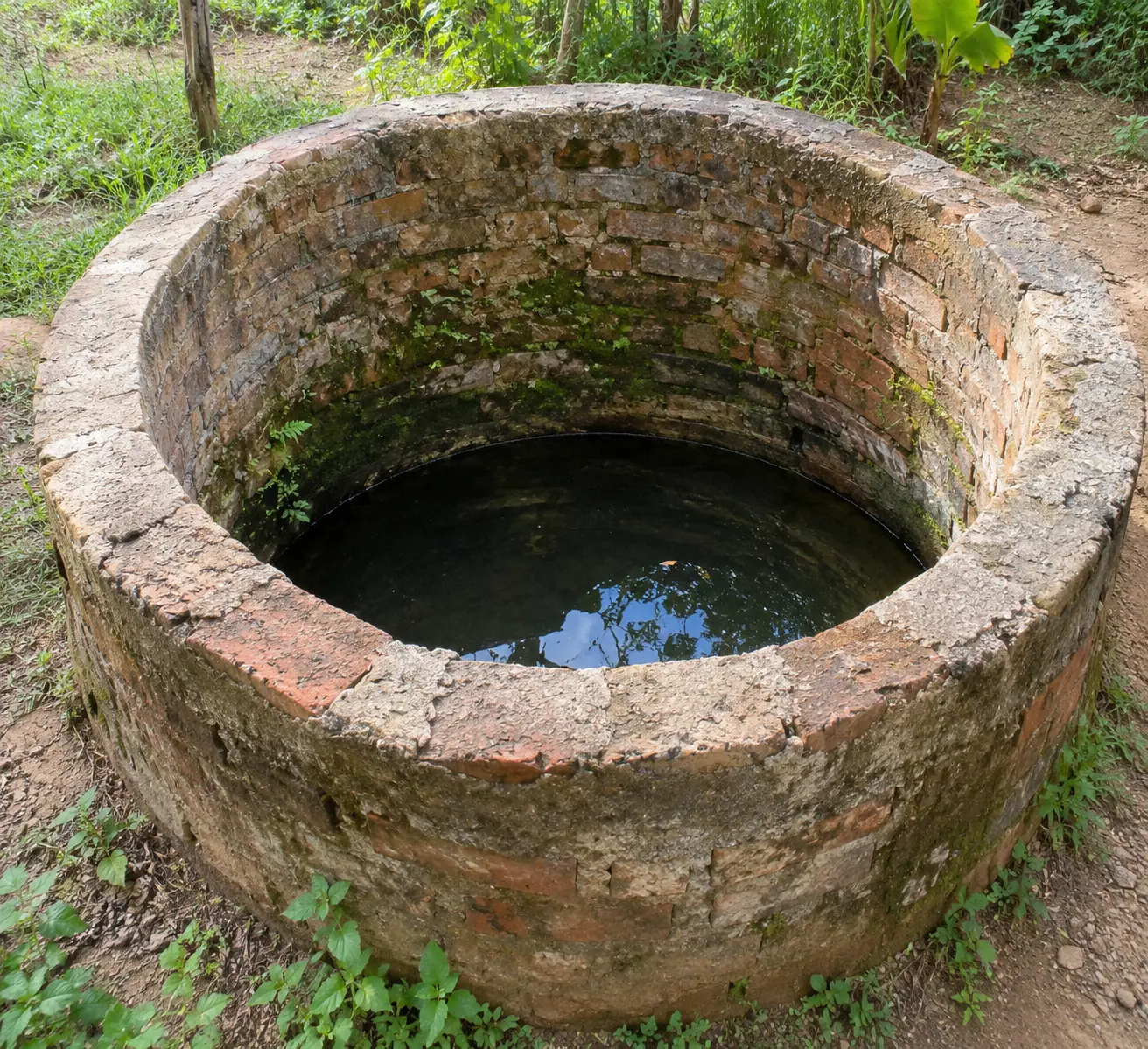 Poço cacimba de tijolos com água